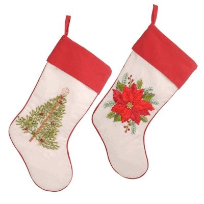 (image for) Embroidered Holiday Tree or Poinsettia Christmas Stocking