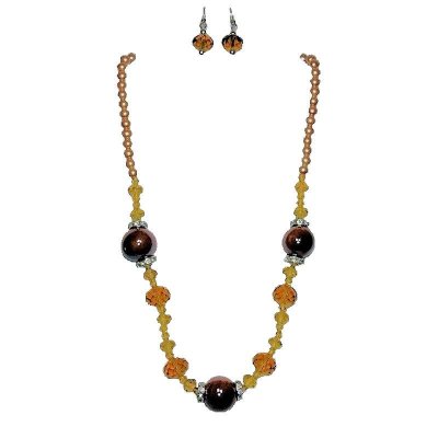 (image for) Peach Pearls & Crystals Necklace & Earrings Jewelry Set