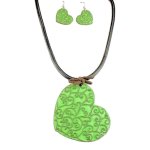 (image for) Green Filigree Heart Charm Necklace & Earrings Jewelry Set