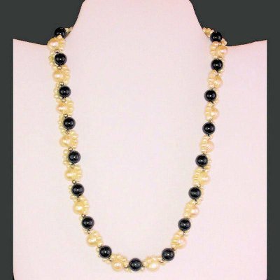 (image for) Black and White Genuine Pearl and Onyx Beaded Necklace