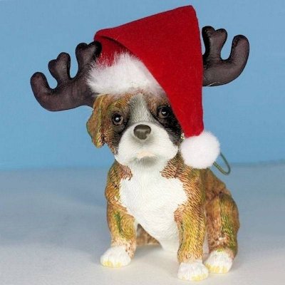 (image for) Boxer Dog Ornament Christmas Santa Hat & Horns Figurine
