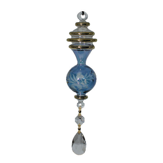 (image for) Gold Ring Blue Etched Glass Ornament with Crystal Dangle