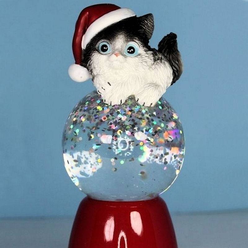 (image for) Black & White Cat Figurine Christmas Light Up Glitter Globe