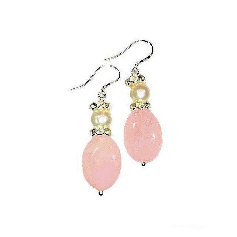 (image for) Genuine Pearl & Rose Quartz Drop Chandelier Earrings