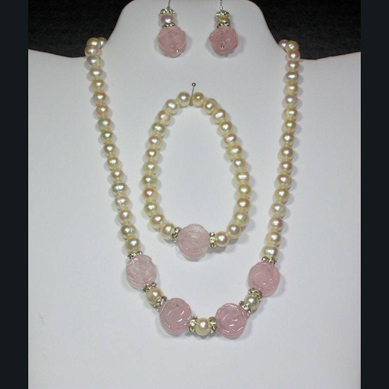 (image for) Pearls & Roses Necklace Bracelet & Earrings Jewelry Set