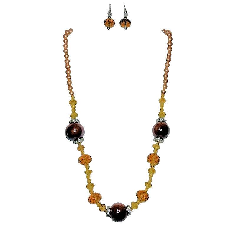 (image for) Peach Pearls & Crystals Necklace & Earrings Jewelry Set